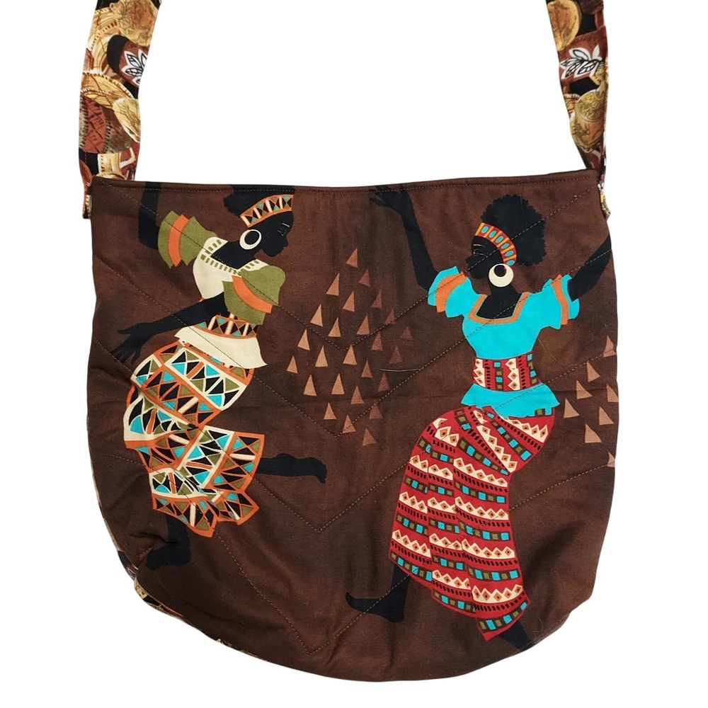 Handmade African Art Quilted Crossbody Bag Brown Dancers Pottery Print Boho